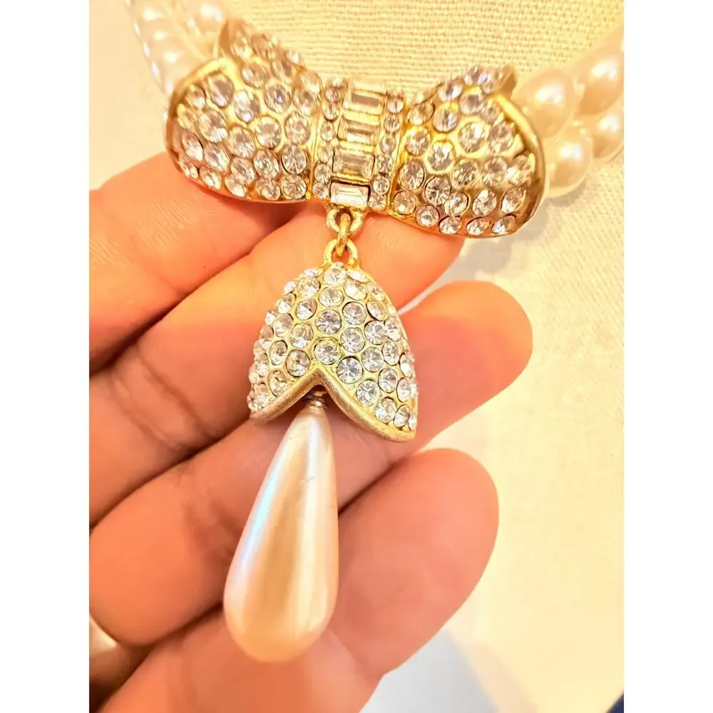 Vintage Faux Pearl Rhinestone Bow Drop Necklace 18”